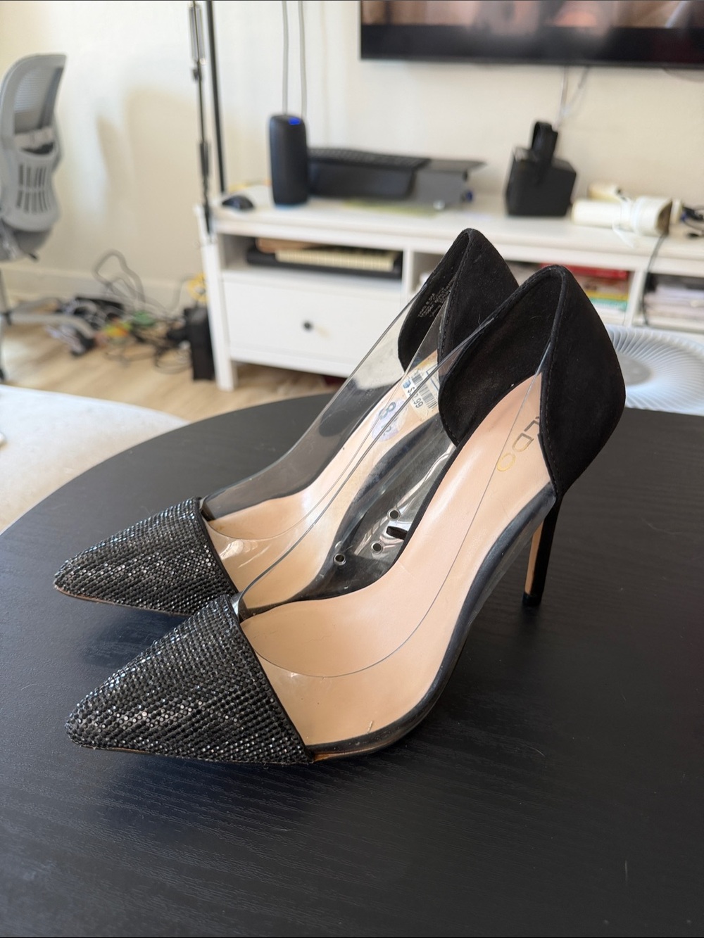 Aldo Clear PVC Stiletto Heels with Black Glitter Toe